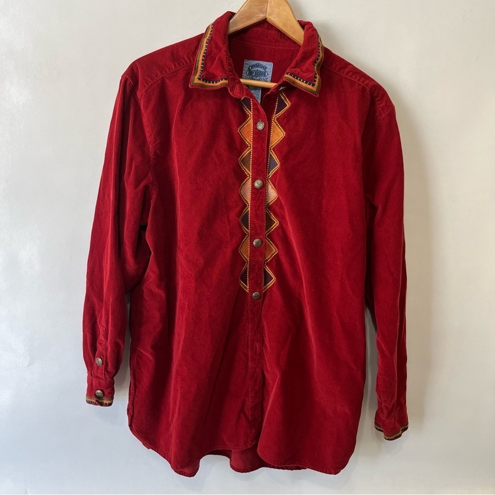 Vintage Cambridge Dry Goods Co. Red Corduroy Embroidered Button Down Shirt Boho